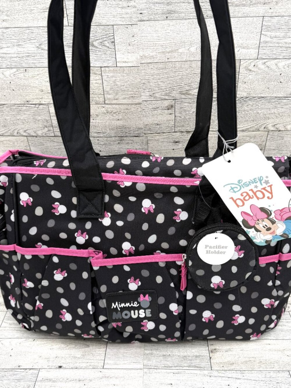 NWT Disney Baby Minnie Mouse Black Pink Gray & White 4-Piece Diaper Bag Gift Set